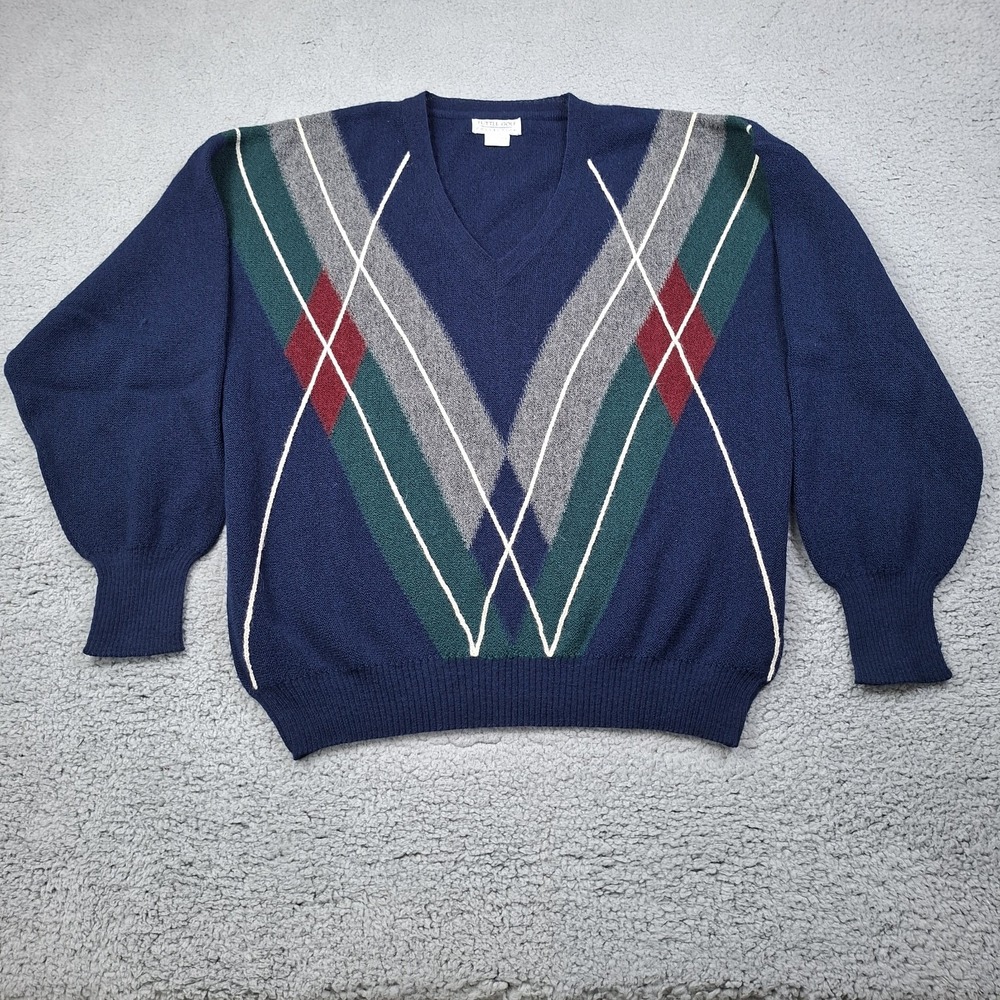Vintage TUTTLE GOLF Blue Argyle 100% Alpaca V-Neck Sweater Sz. L Peru Preppy